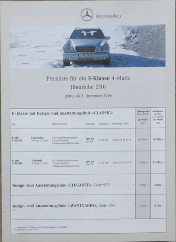 Mercedes E-Klasse E280 4-MATIC BR 210 Preisliste price list von 12/1996 (RB)