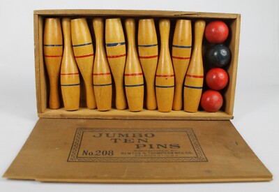 Vtg. Newton & Thompson Jumbo Ten Pins Bowling Set No.208 in Wooden Box - 4 Balls