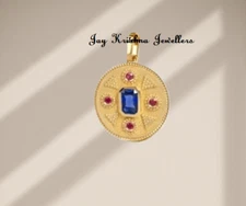 Sapphire With Ruby Medallion Disc Pendant, 925 Silver Gold Plated Elegant Locket