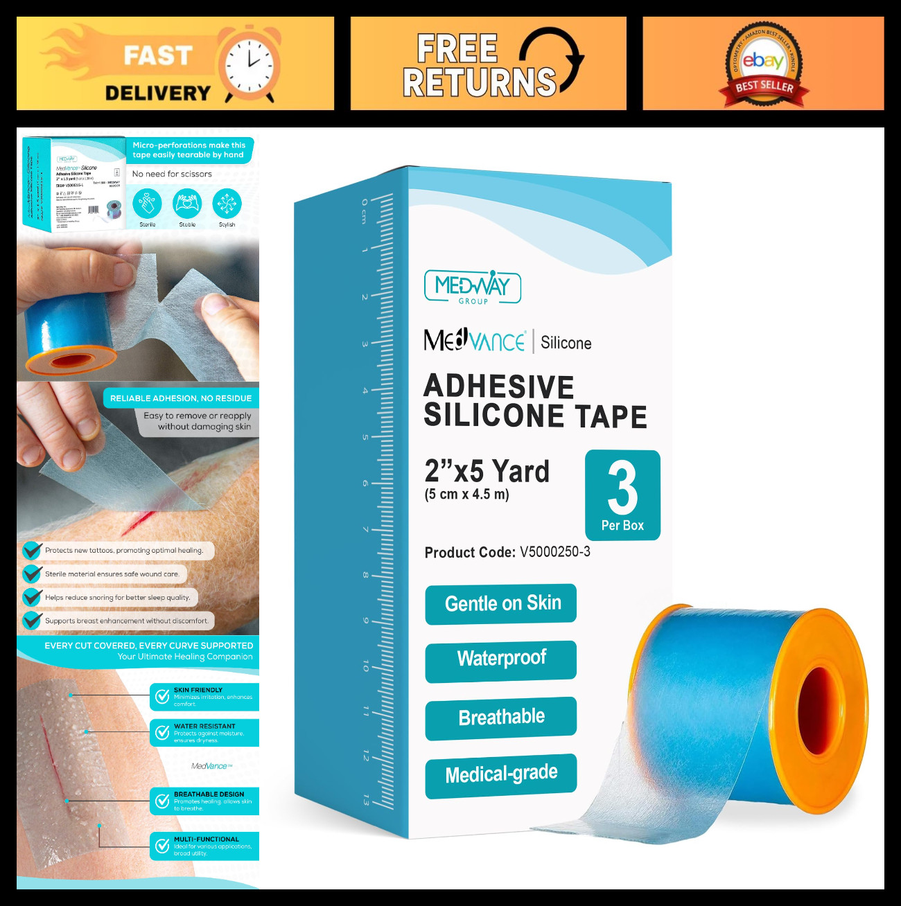 Silicone Adhesive Medical Tape Scar Sheets, 2" x 5' - 3 Pack for Healing & Prote