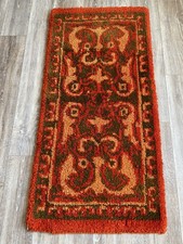 Vintage Art Deco Latch Hook Rug Bold Motif Earthy Tones Thick Pile 54L X 26 W