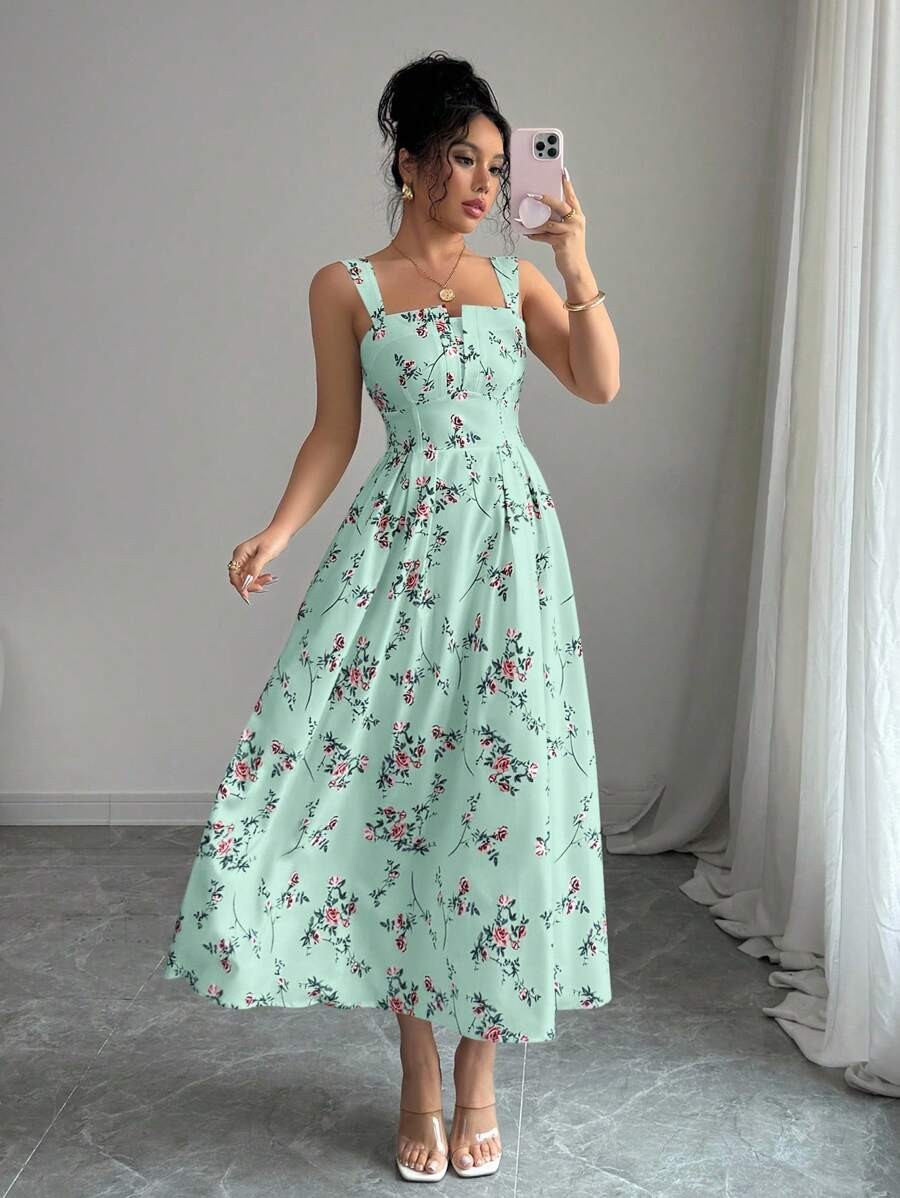 Boho French Vintage Midi Dress Shirred Backless Flared Square Neck Cami Party