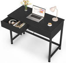 Small Black Desk with 2 Wooden Drawers, 40 Inch Home Office Writing Desk, Black