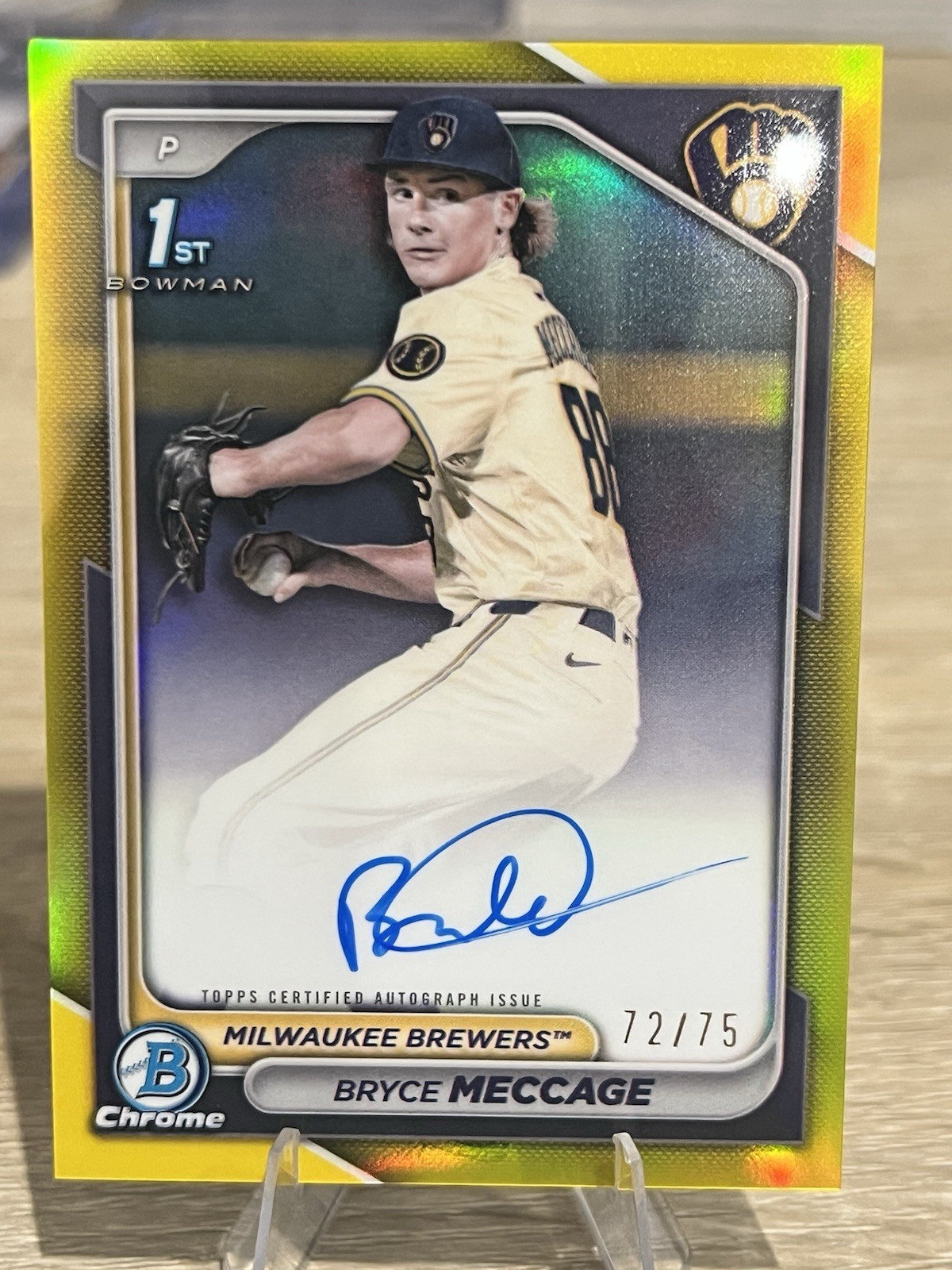 2024 1st Bowman Chrome Bryce Meccage /75 Yellow Refractor Auto Milwaukee Brewers