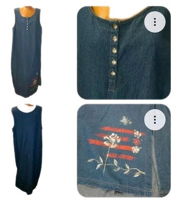 Lagenlook Maxi Dress Plus 1X/18W Blue Denim Butterfly Floral  Jumper Vtg 90s Y2k