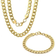 Men's 18k Gold Plated Stainless Steel Cuban Link Chain Bracelet and Necklace Set