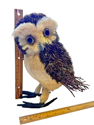 Vintage Owl Figurine Brush Folk Art Handmade Natural Fiber Twig Tail Mid-Century