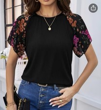 Black Short Floral Sleeve Ribbed Top