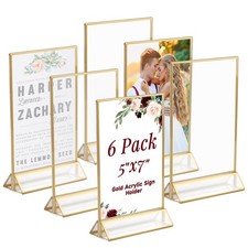 5x7 Inch Acrylic Sign Holder with Gold Borders, 6 Pack Gold Picture Frames fo...
