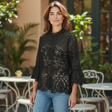 BOLD ELEMENTS Blouse Womens M  Black Sheer Lace Back-Zip Bell Sleeves Size M