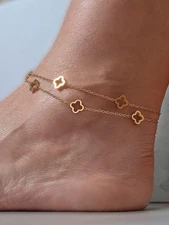 18k Gold Clover Ankle Bracelet Non Tarnish Waterproof Beach Jewelry For Women 