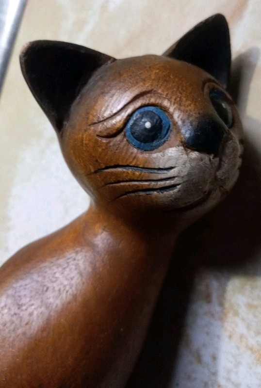 Vintage Wooden Cat Figurine Hand Carved Painted Black Brown Blue Eyes 8.5 in. H