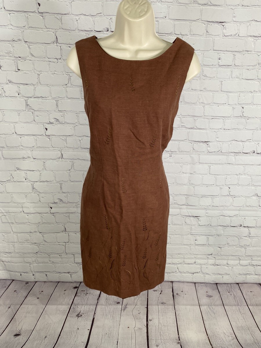 John Roberts Brown Linen Embroidered Lined Sleeveless Knee Length Shift Dress 12 John Roberts Brown Linen Embroidered Lined Sleeveless Knee Length Shift Dress 12