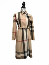 Plaid Check Belted Shirt Midi Dress Women's Beige Long Sleeve Pleated Sz XS-XXL