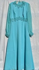 Mother of Bride Gown Dress Formal Seafoam Teal Lt Blue Embroidered Lace 1975 Vtg