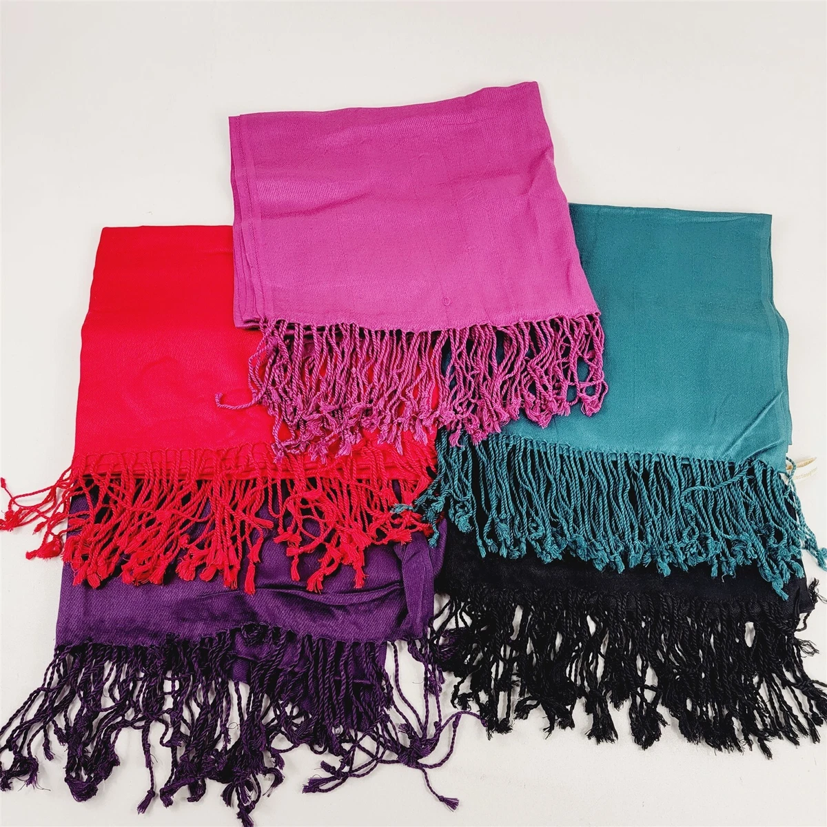 5 Solid Color Fringe Scarves Shawls Purple Red Pink Blue Black - 1