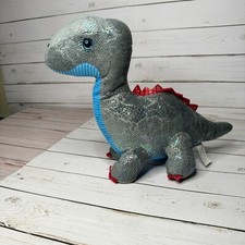 Metallic Sparkly Brontosaurus Dinosaur Plush Toy With Blue Belly  Red Spikes