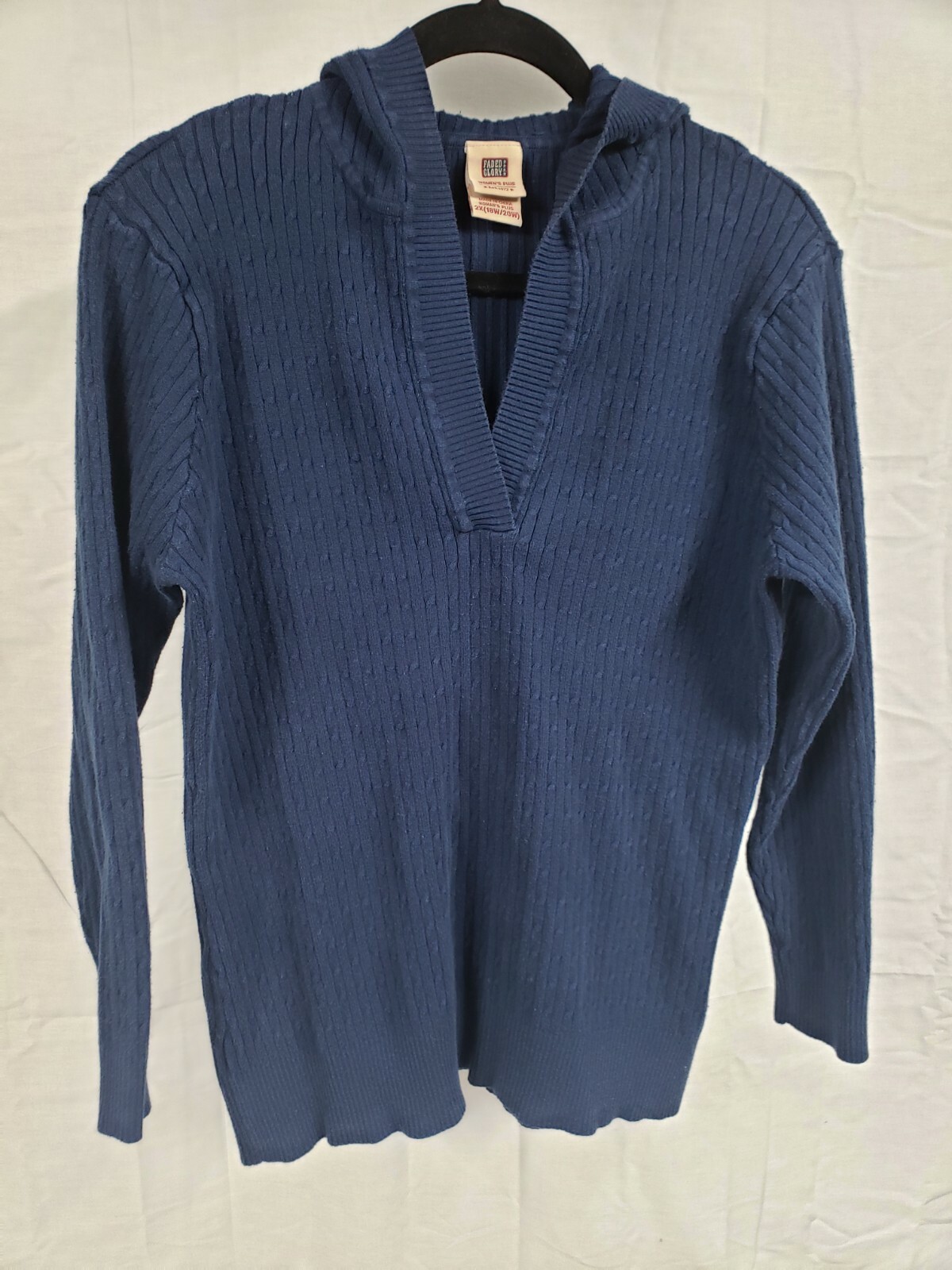 Faded Glory Women's Plus Blue Knit Hooded V-Neck Sweater (Size 2X