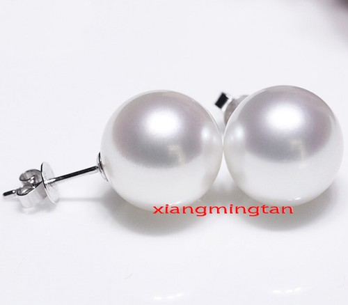 Top REAL ROUND 18K gold 13-14MM Natural SOUTH SEA WHITE PEARL STUD EARRINGS - Picture 3 of 6