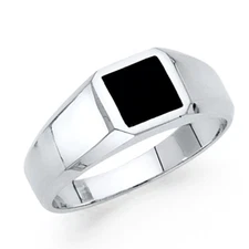 Men's Black Onyx Square Signet 14k Solid White Gold Ring 