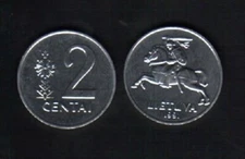 Lithuania 2 CENTS KM-86 1991 Pre Euro UNC HORSE RIDER Lithuanian Currency COIN