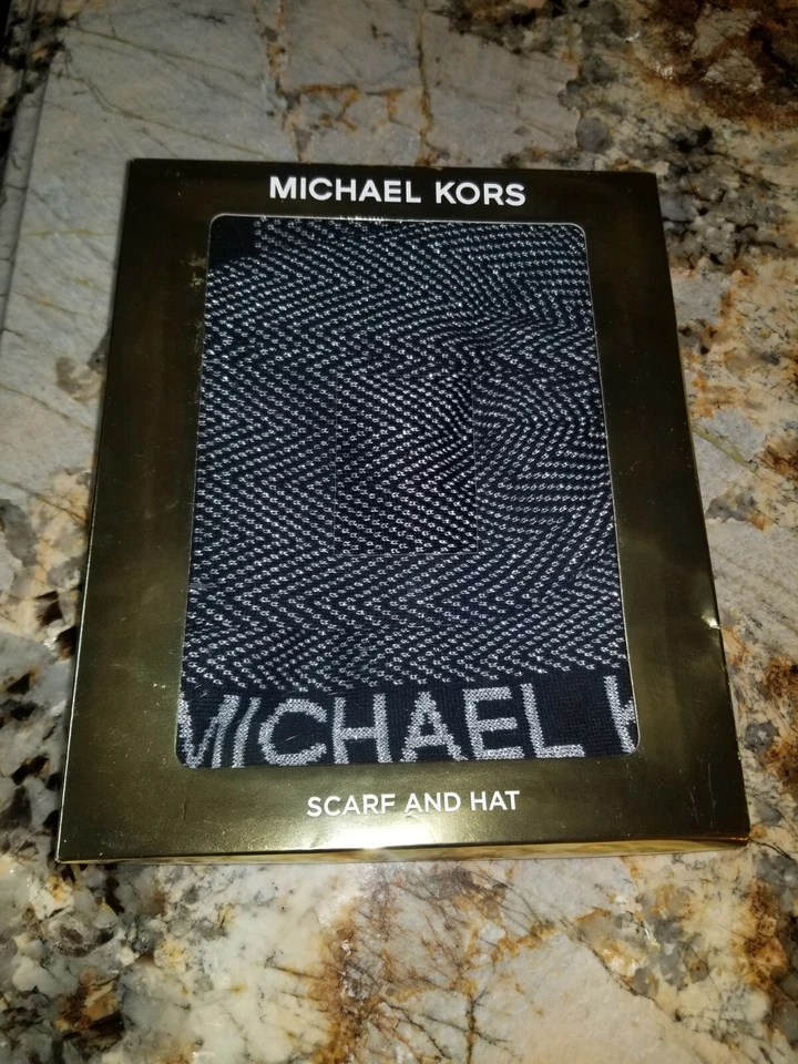 2pc Set MICHAEL KORS Black Zig Zag Silver Metallic Print Muffler Beanie & Scarf - Image 2 of 4