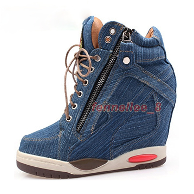 Women's Denim Wedges Sneakers Ladies Side Zipper Shoe Thick Bottom