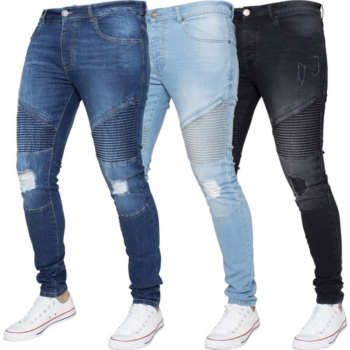Enzo Mens Zip Biker Ripped Jeans Super 