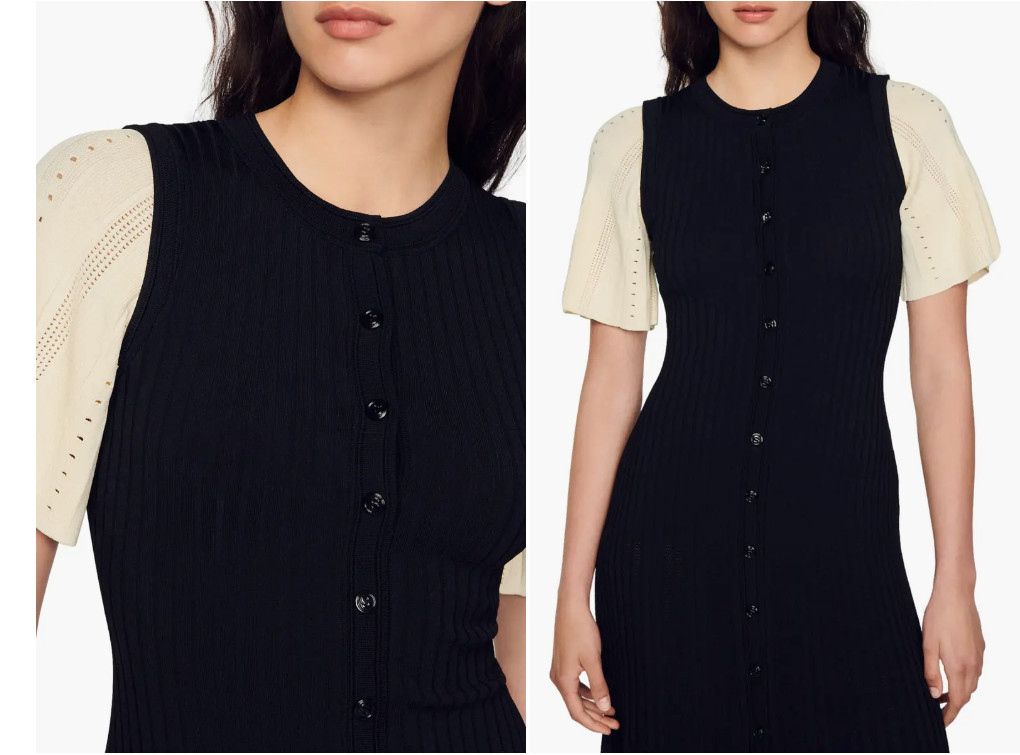 Sandro Menia Mixed Media Button Front Dress BLACK… - image 2
