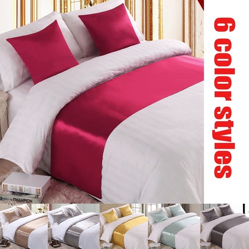 Silk Satin Bed Runner Bed Scarf Solid Color Bedspreads Home Hotel Bedroom Decor - Picture 1 of 15
