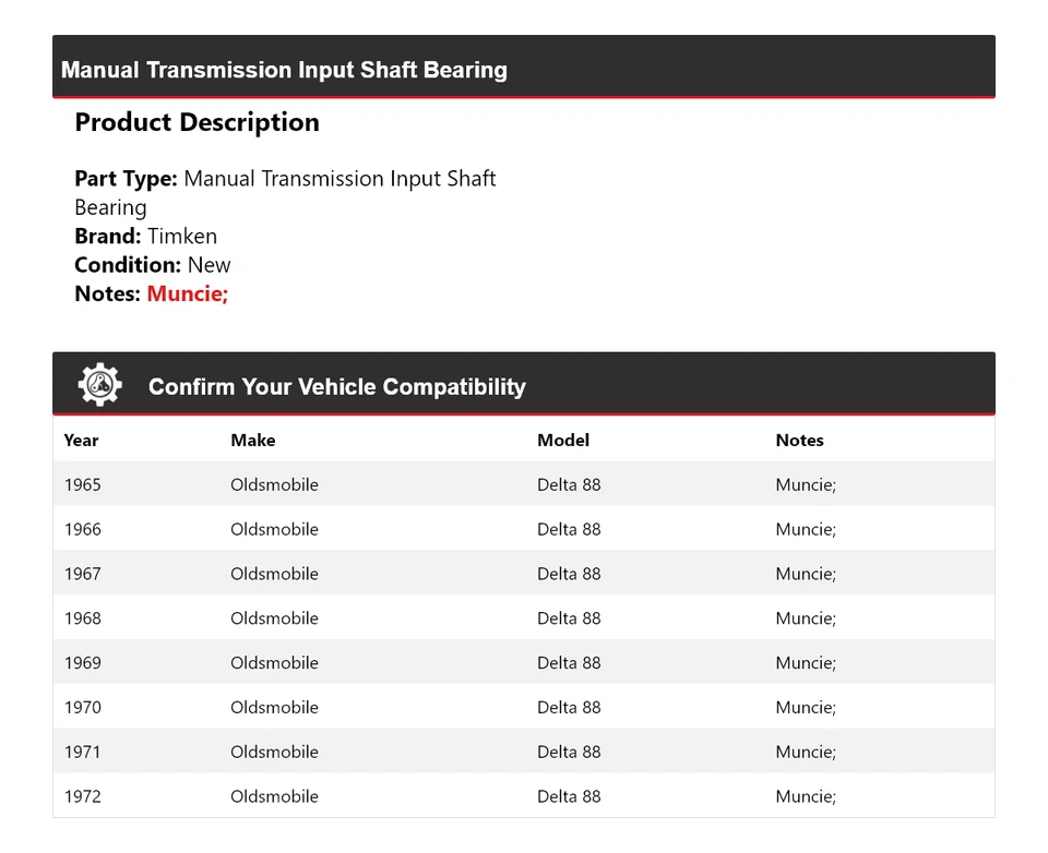 Cojinete de eje de entrada de transmisión manual para Oldsmobile Delta 88 1965-1972 Timken Foto 2 de 4