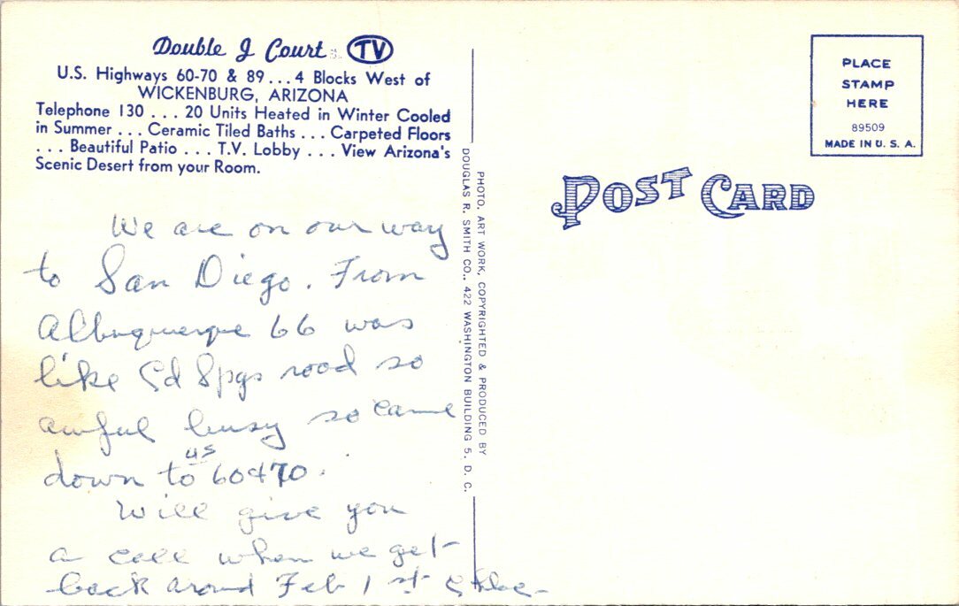 WICKENBURG, ARIZONA DOUBLE J COURT ROADSIDE MOTEL VINTAGE LINEN