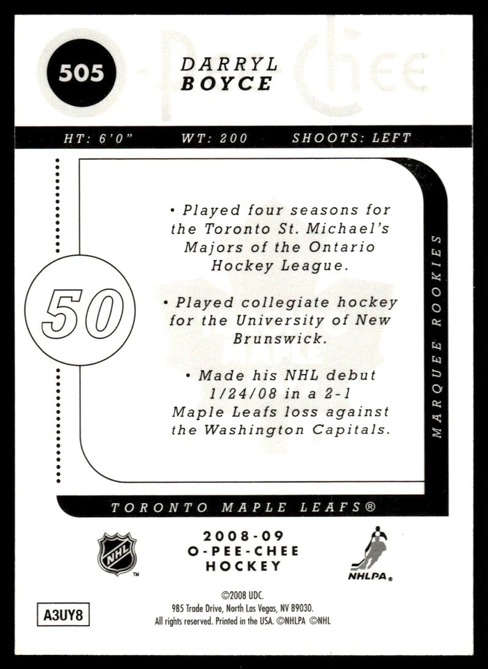 2008-09 O-Pee-Chee Gold Darryl Boyce Rookie Toronto Maple Leafs #505 - Image 2 of 2