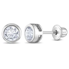 925 Sterling Silver 5mm CZ Screw Back Round Bezel Earrings for Baby Girls