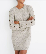 Madewell Sweater Dress Size L Donegal Button Sleeve Snow Gray Wool Blend