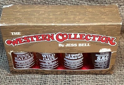 Jess Bell After Shave 1970s. 4  1oz Bottles. Piney Balsam,Wild Oats,Dakota,Sage