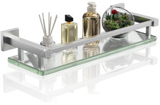 Bathroom Glass Shelf with Stainless Steel Railing Small 16 Inch Brushed Nickel