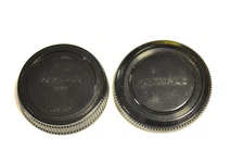 Olympus original body cap and rear/back lens cap for OM SLR film system.