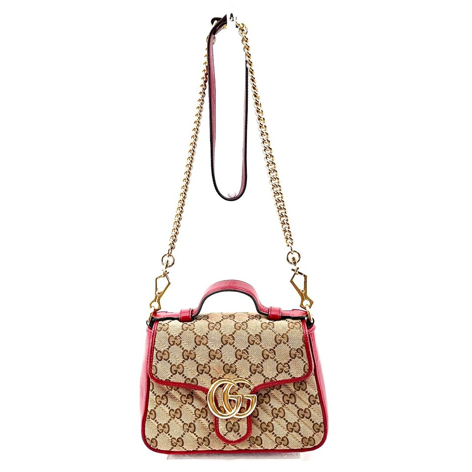 Gucci GG Marmont Canvas Leather Mini Shoulder Bag Crossbody Red Gold Authentic