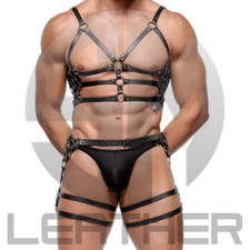 Men s Leather Chest and Leg Harness Set Adjustable Genuine Leather Festival