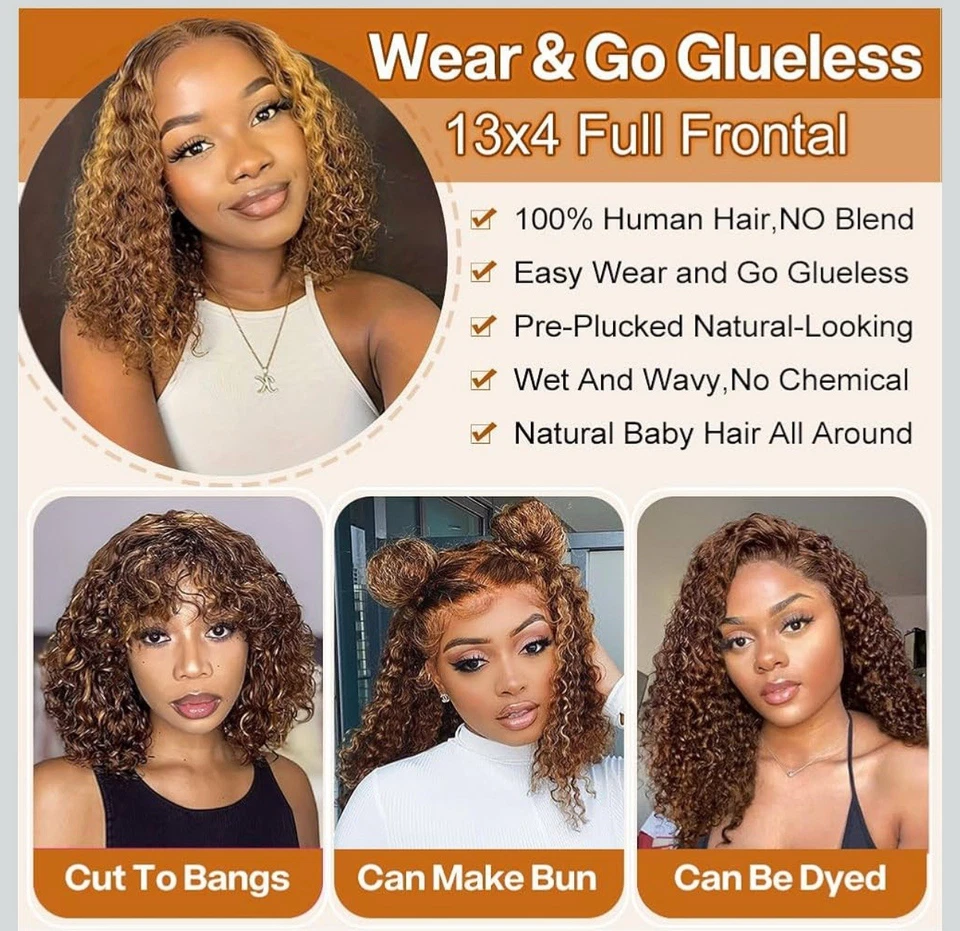 Ombre Honey Blonde Highlight 13x4 HD Lace Front Wigs Human Hair Water Wave 16” - Image 4 of 4