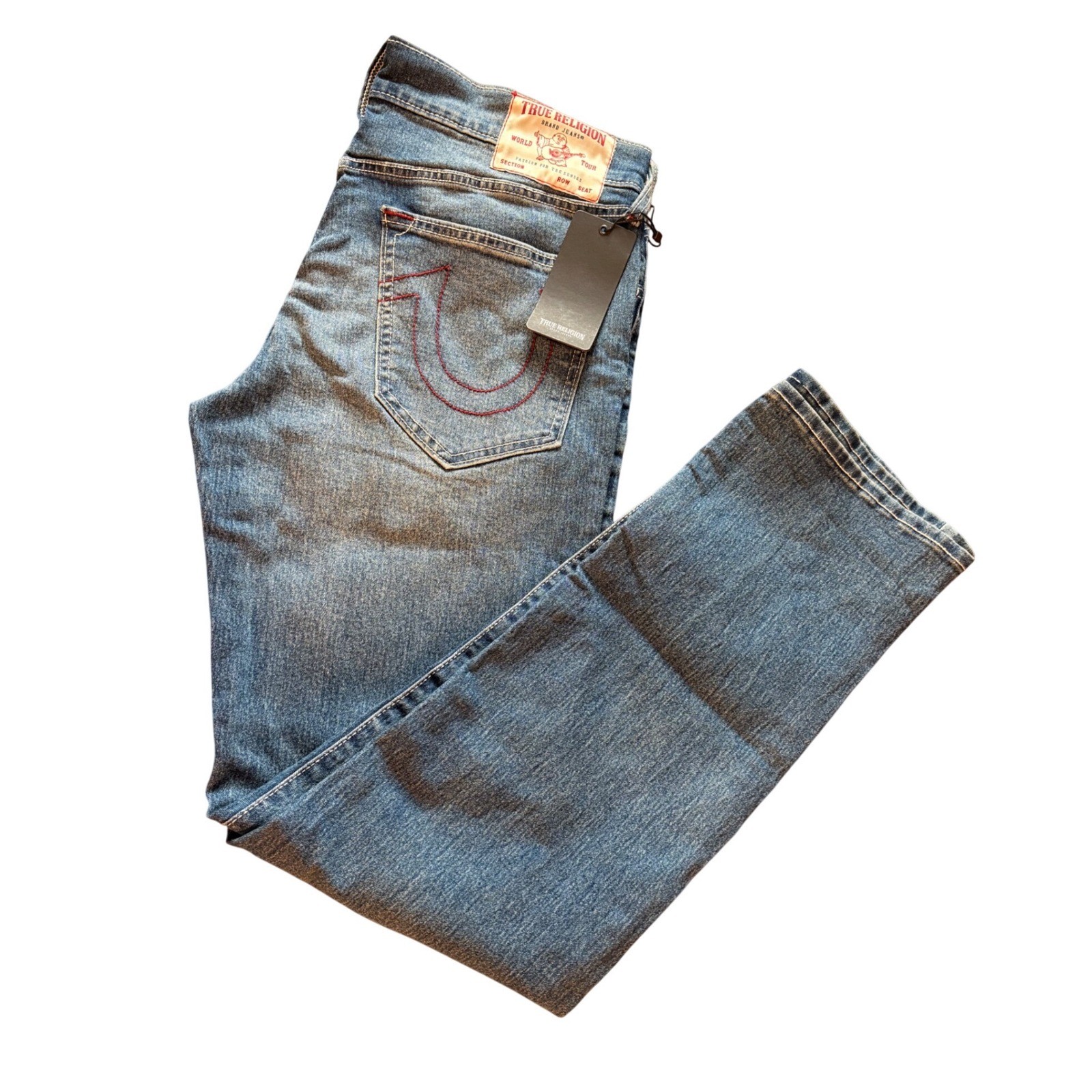 True Religion Ricky Relaxed Straight Jeans Medium Wintry Wash Red Stitch 33x34