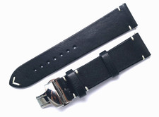 22mm Black/White Leather Classic Style Watch Band Handmade W/ Push Button Clasp