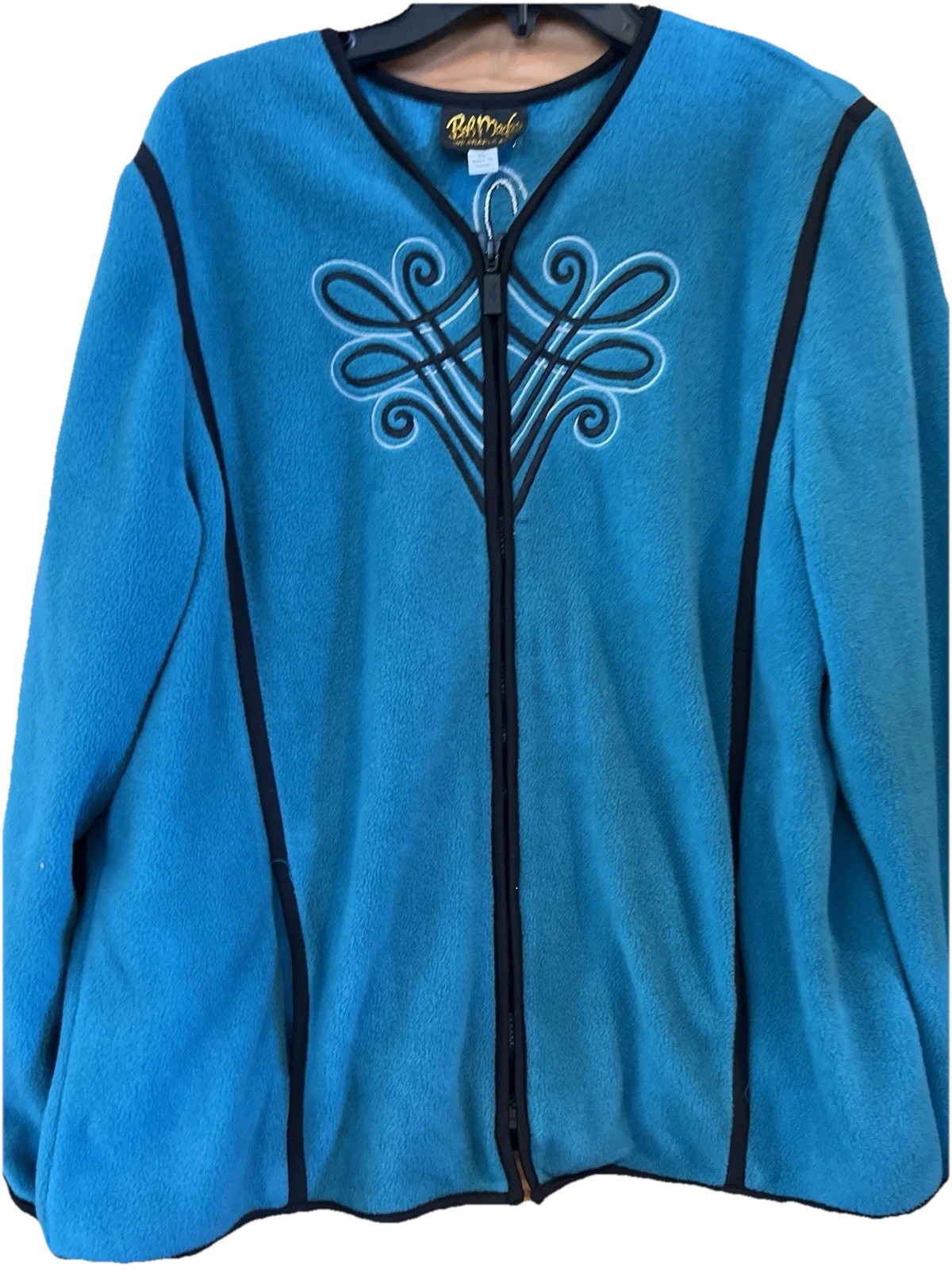 Bob Mackie Jacket Womens Large Teal Black Fleece Wearable Art Embroidered Zip Up
