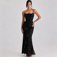 Black Hand Beaded Evening Dresses Embellished Corset Maxi Prom Gowns