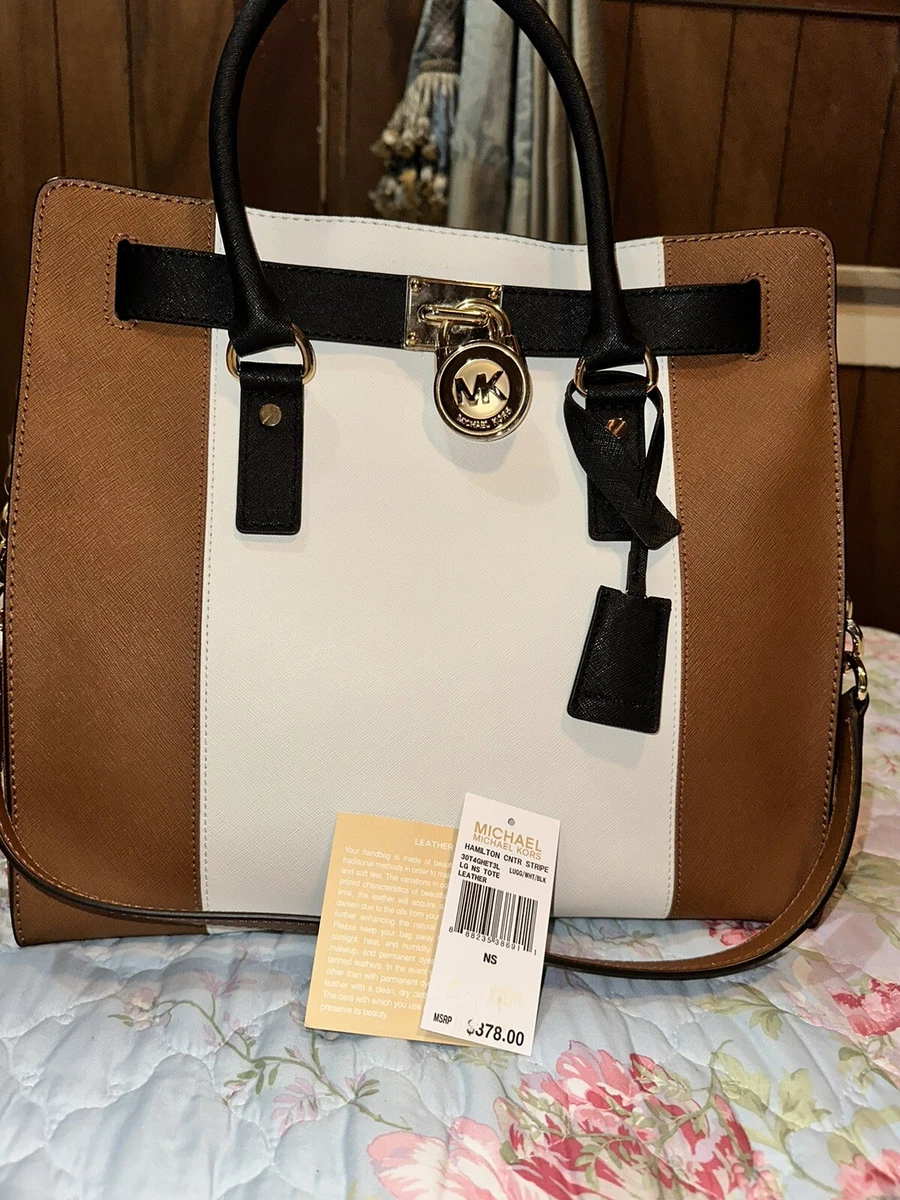 MICHAEL KORS HAMILTON LARGE CENTER STRIPE LUGG/WHITE/BLACK LEATHER GOLD  TOTE BAG