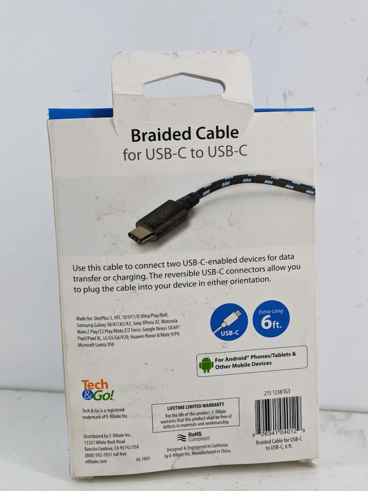 6 ft. USB-C to USB-C Black Braided Phone Charging Cable Reversible Extra Long - Image 3 of 4