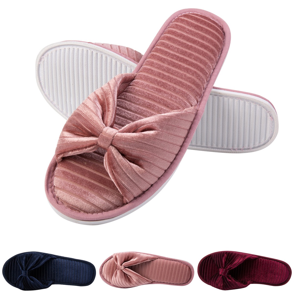 Aerusi Women Velvet Open Toe Memory Foam Slippers Anti-Slip House Bedroom  Shoes