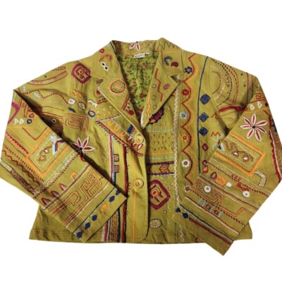 Mohito Womens Sz L Jacket Embroidered Floral Retro Colorful Green Vtg Canvas