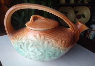 McCoy Pottery Daisy Flower Teapot Brown & Turquoise Blue Vintage 1940's